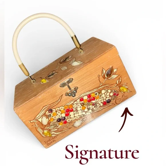 Vintage Enid Collins Texas Indian Corn Wood Box Purse Signed Mirror Inside - Picture 5 of 16